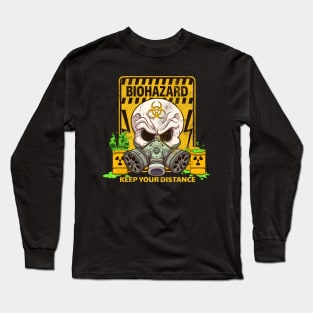 Cartoon Biohazard Skull With Caution Sign Long Sleeve T-Shirt